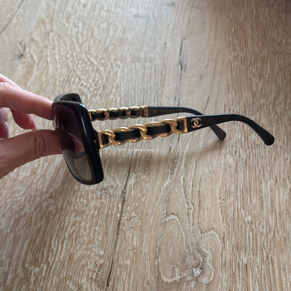 Chanel Square Black Sunglasses with Gold Chain Detail